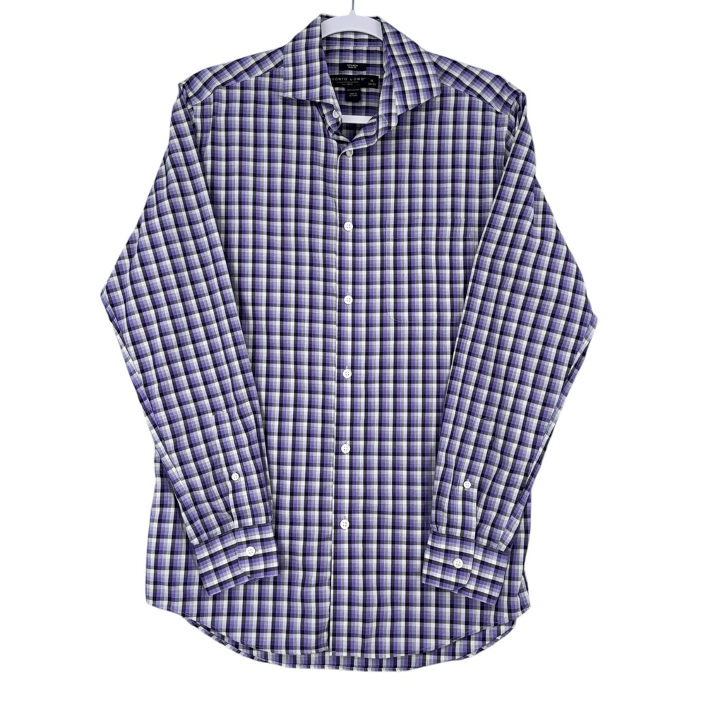 Pronto Uomo‎ Men's Non Iron Slim Fit Purple Plaid Dress Shirt 15 32 33